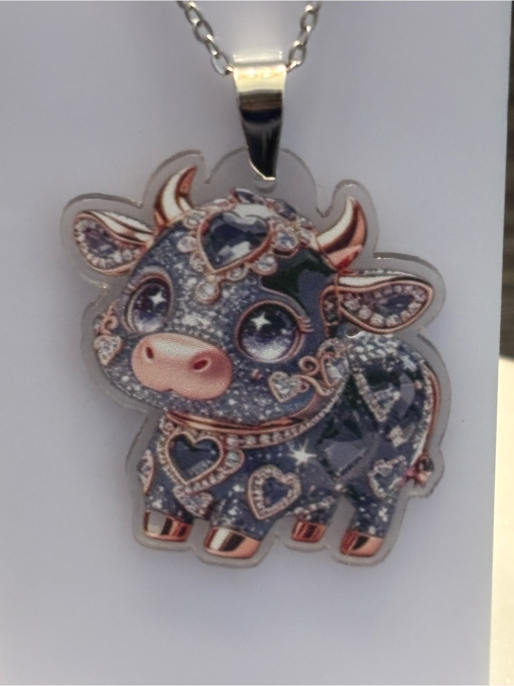 Silver Tone Kawaii Cow Charm Necklace, Acrylic Galaxy Purple Print, Rose Gold De